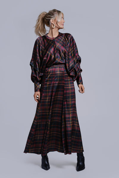 Printed Panel Maxi Skirt-Plaid
