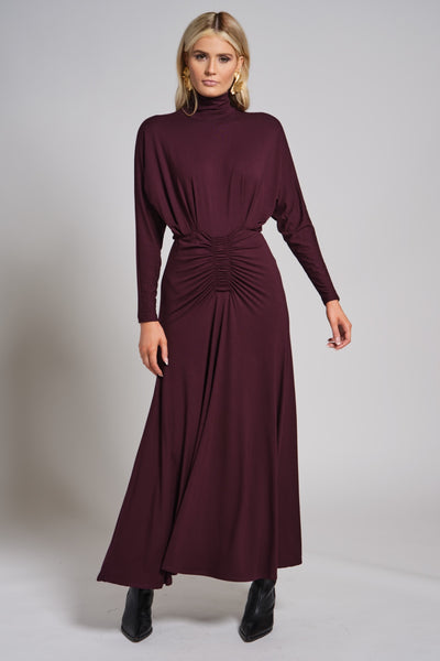 Ruched Waist Turtleneck Maxi Dress