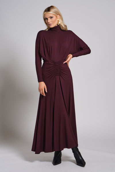 Ruched Waist Turtleneck Maxi Dress