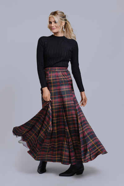 Printed Panel Maxi Skirt-Plaid