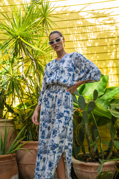 Smocked Wrap Maxi Dress-Print