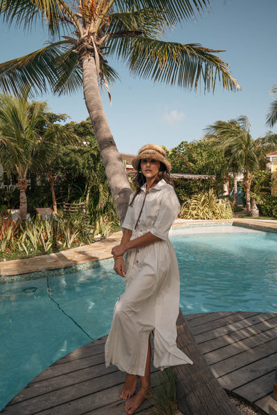 Belted Coconut Button Shirtdress- White