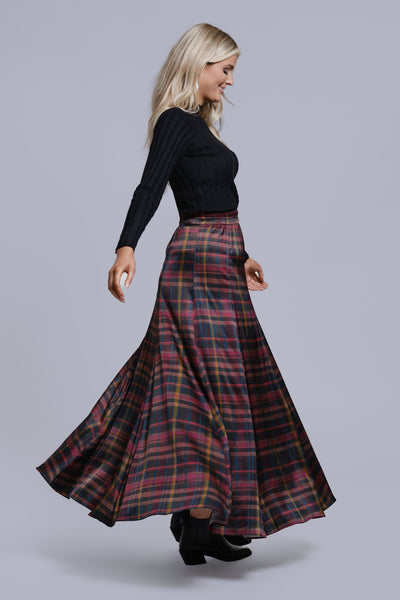 Printed Panel Maxi Skirt-Plaid