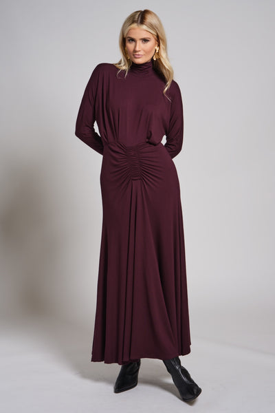 Ruched Waist Turtleneck Maxi Dress