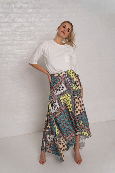 Printed Wrap Skirt - Patchwork Print