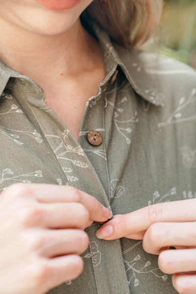 Belted Coconut Button Dress-Olive Print