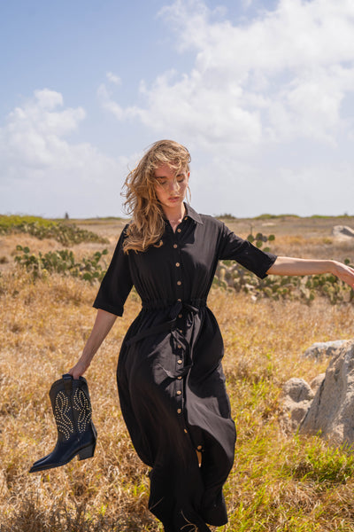 Belted Coconut Button Shirtdress- Black