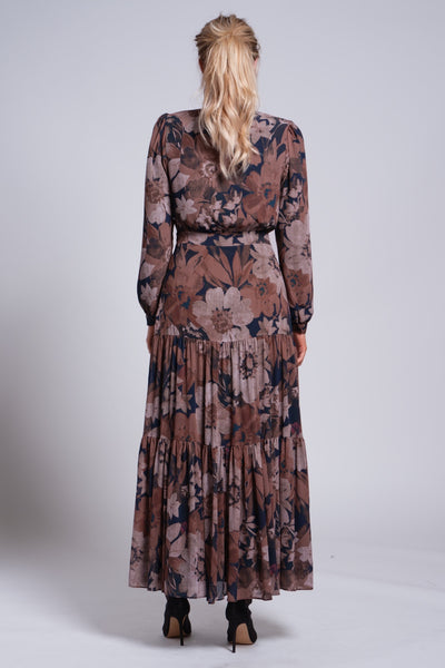 Third Tiered Dress-Brown Floral Print