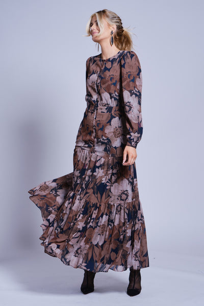 Third Tiered Dress-Brown Floral Print