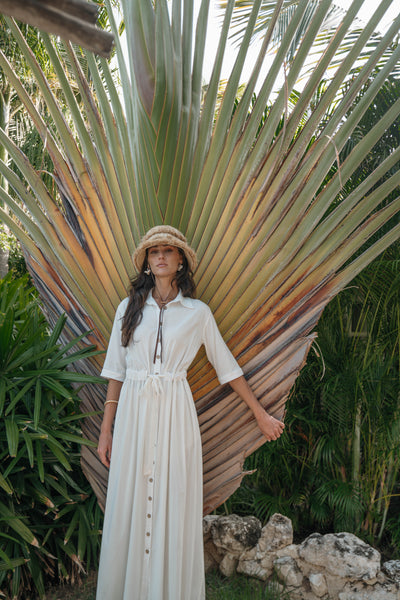 Belted Coconut Button Shirtdress- White