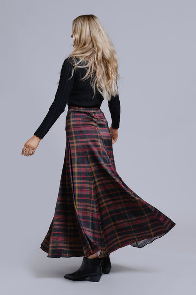 Printed Panel Maxi Skirt-Plaid