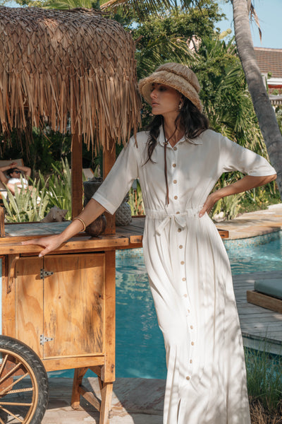 Belted Coconut Button Shirtdress- White
