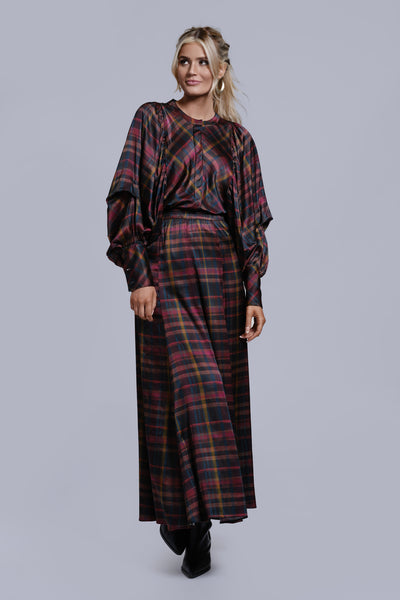 Printed Panel Maxi Skirt-Plaid