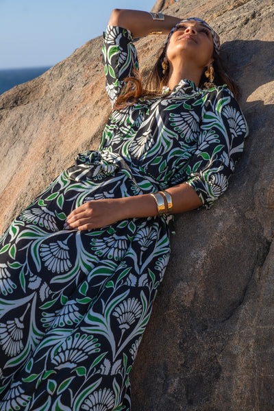 Printed Smocked Belted Maxi Dress