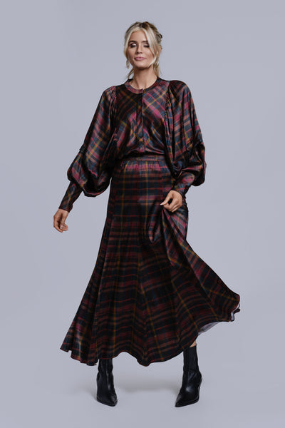 Printed Panel Maxi Skirt-Plaid