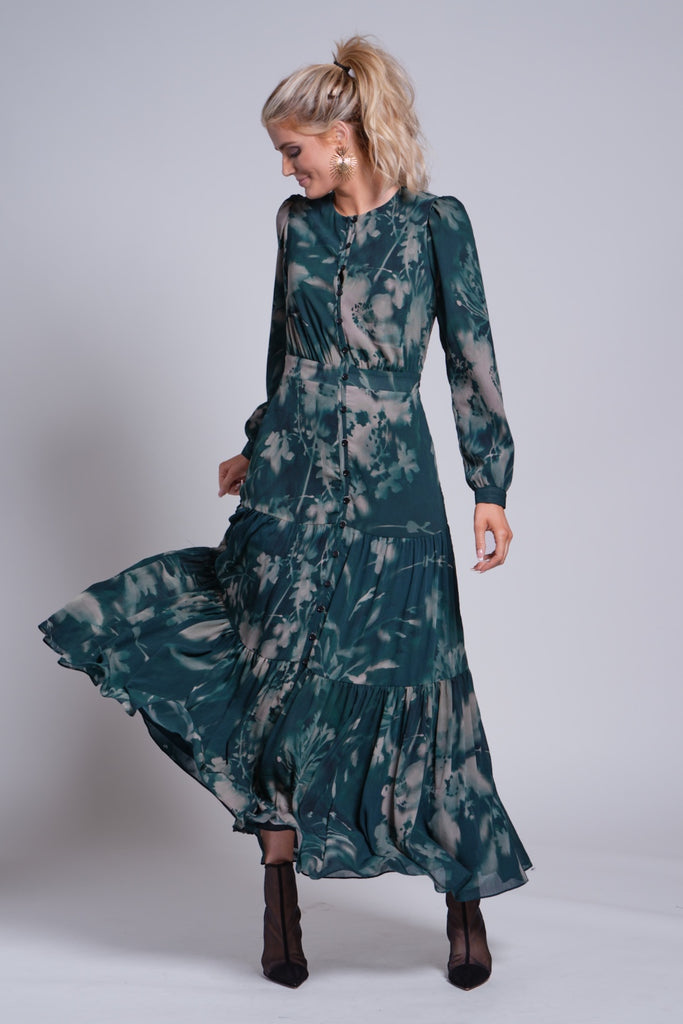 Third Tiered Dress-Green Floral Print Third By Cee Third Tiered Dress-Green Floral Print Third By Cee