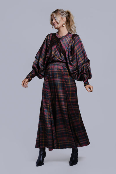 Printed Panel Maxi Skirt-Plaid