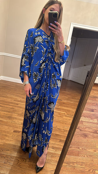 Drawstring Dress-Cobalt Floral