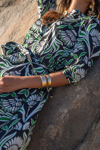 Printed Smocked Belted Maxi Dress