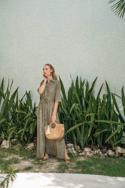 Belted Coconut Button Dress-Olive Print