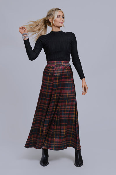 Printed Panel Maxi Skirt-Plaid
