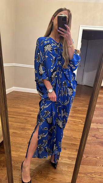 Drawstring Dress-Cobalt Floral