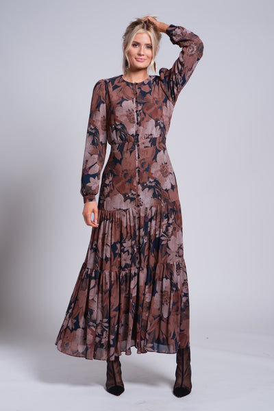 Third Tiered Dress-Brown Floral Print