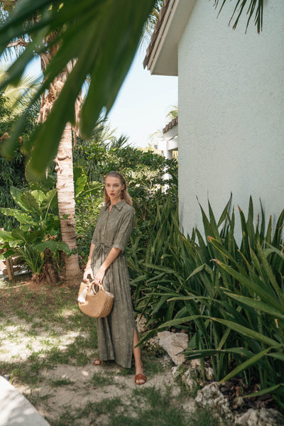 Belted Coconut Button Dress-Olive Print