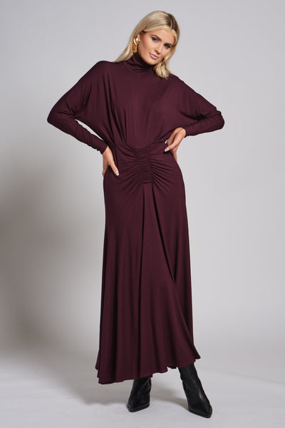 Ruched Waist Turtleneck Maxi Dress