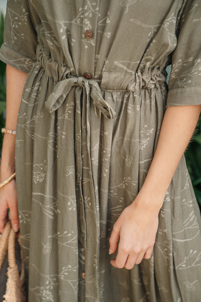 Belted Coconut Button Dress-Olive Print