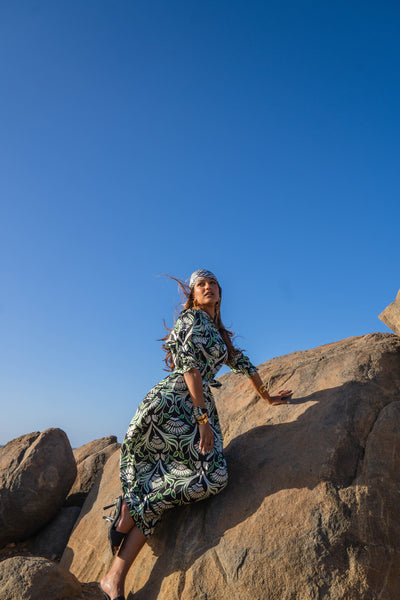Printed Smocked Belted Maxi Dress