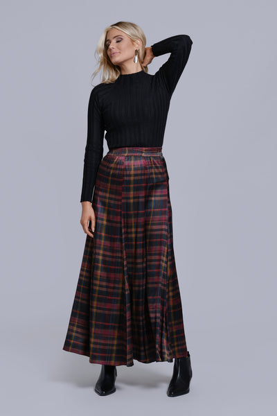 Printed Panel Maxi Skirt-Plaid