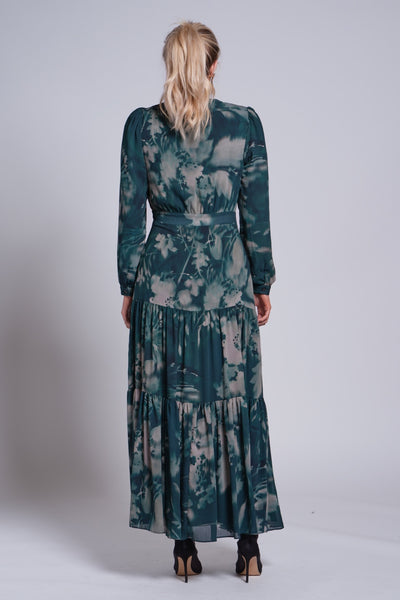 Third Tiered Dress-Green Floral Print