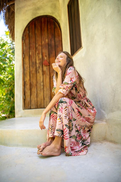 Smocked belted Dress - Pink Floral Print