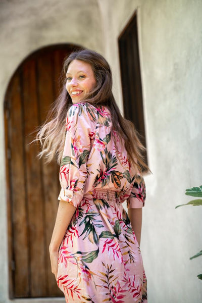 Smocked belted Dress - Pink Floral Print
