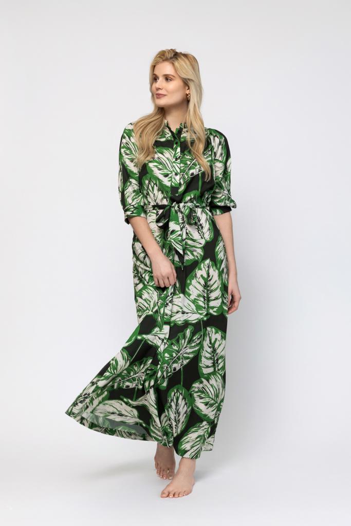 Smocked Belted Dress - Green Floral Print