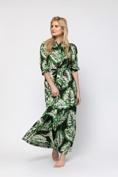 Smocked Belted Dress - Green Floral Print