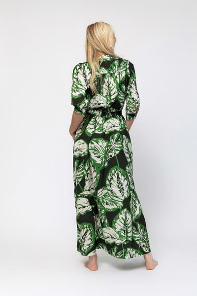 Smocked Belted Dress - Green Floral Print