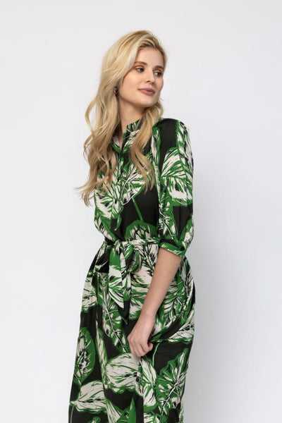 Smocked Belted Dress - Green Floral Print