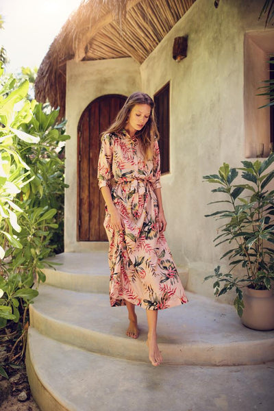 Smocked belted Dress - Pink Floral Print