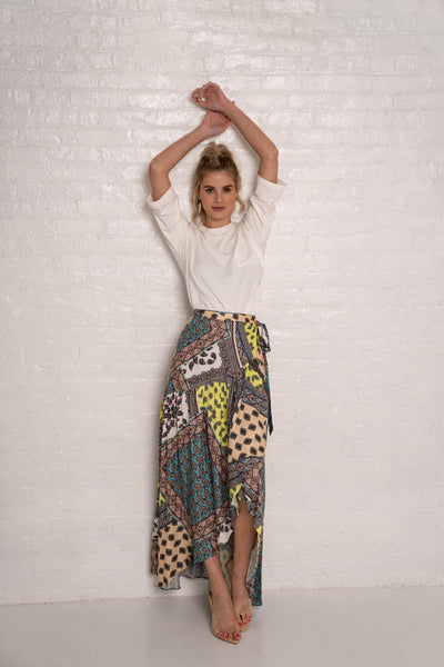 Printed Wrap Skirt - Patchwork Print