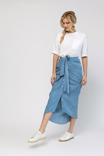 Draped Belted Skirt - Denim